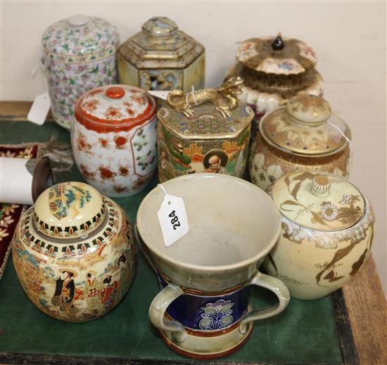 A Doulton stoneware loving cup (a.f) and eight Japanese and other decorative jars and covers